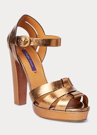 Sandálias Ralph Lauren Callahan metálicas de couro de bezerro femininas douradas