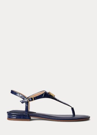 Sandálias Ralph Lauren Ellington de couro com relevo azul marinho para mulheres