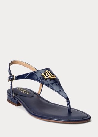Sandálias Ralph Lauren Ellington de couro com relevo azul marinho para mulheres