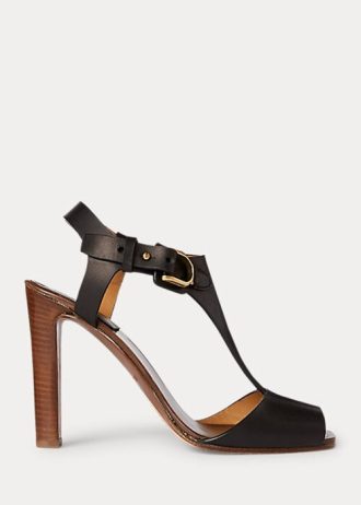 Sandálias Ralph Lauren Emilie Welington de couro de bezerro femininas pretas