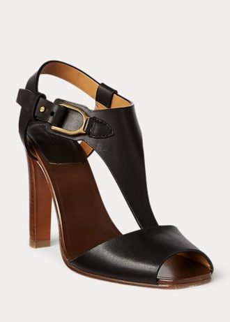Sandálias Ralph Lauren Emilie Welington de couro de bezerro femininas pretas