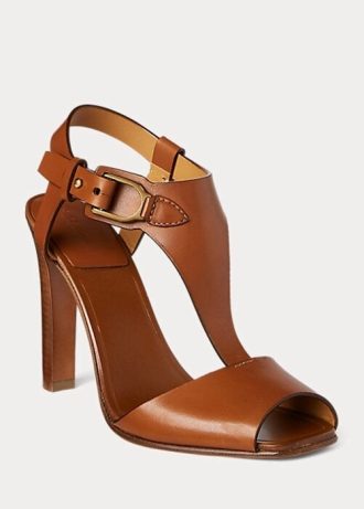 Sandálias Ralph Lauren Emilie Welington de couro de bezerro marrom para mulheres