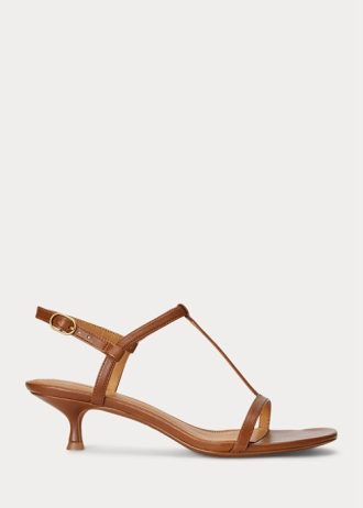 Sandálias Ralph Lauren femininas marrons de pele de cordeiro com salto gatinho