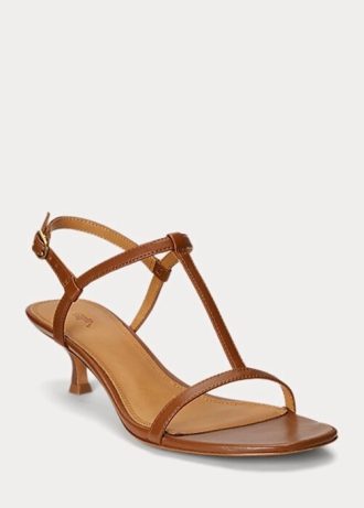 Sandálias Ralph Lauren femininas marrons de pele de cordeiro com salto gatinho