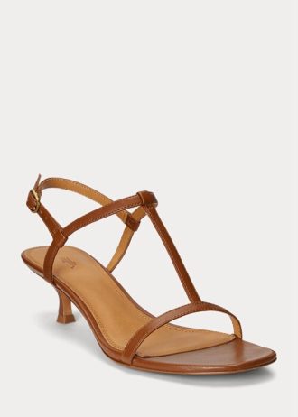 Sandálias Ralph Lauren femininas marrons de pele de cordeiro com salto gatinho