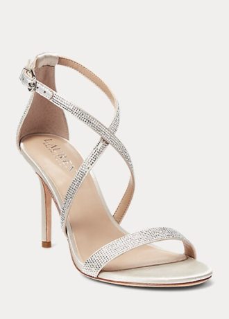 Sandálias Ralph Lauren Gabriele de cetim e cristal prateadas para mulheres