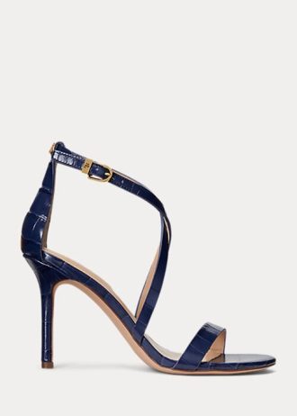 Sandálias Ralph Lauren Gabriele de couro com relevo azul marinho para mulheres