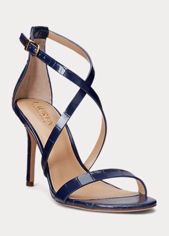 Sandálias Ralph Lauren Gabriele de couro com relevo azul marinho para mulheres