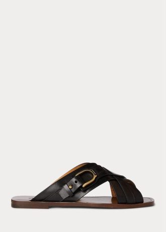 Sandálias Ralph Lauren Jacie com Estribo de Couro de Bezerro Pretas para Mulheres