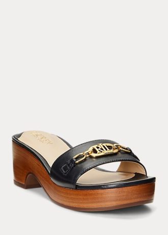 Sandálias Ralph Lauren Roxanne Nappa de couro preto para mulheres