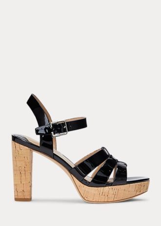 Sandálias Ralph Lauren Soffia de couro envernizado pretas femininas
