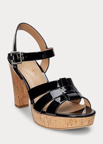Sandálias Ralph Lauren Soffia de couro envernizado pretas femininas