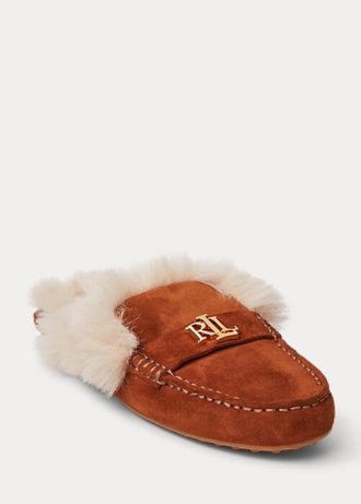 Sapatos baixos de camurça Ralph Lauren Savanah com acabamento em pele sintética marrom para mulheres