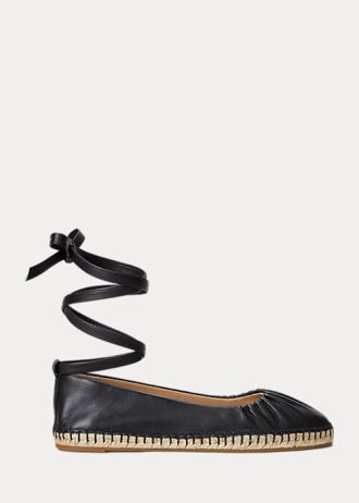 Sapatos baixos de couro napa Ralph Lauren Cecilia femininos pretos com cadarço