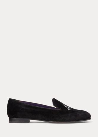 Sapatos baixos de veludo bordado Ralph Lauren Alonzo femininos pretos