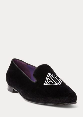 Sapatos baixos de veludo bordado Ralph Lauren Alonzo femininos pretos