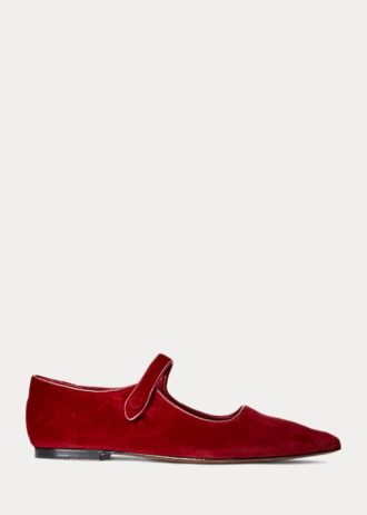 Sapatos baixos de veludo Mary Jane Ralph Lauren femininos vermelhos