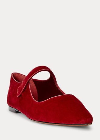 Sapatos baixos de veludo Mary Jane Ralph Lauren femininos vermelhos