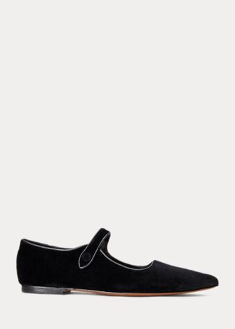 Sapatos baixos de veludo Ralph Lauren Mary Jane pretos femininos com bico fino