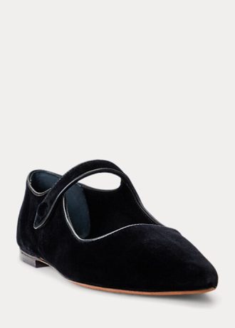 Sapatos baixos de veludo Ralph Lauren Mary Jane pretos femininos com bico fino