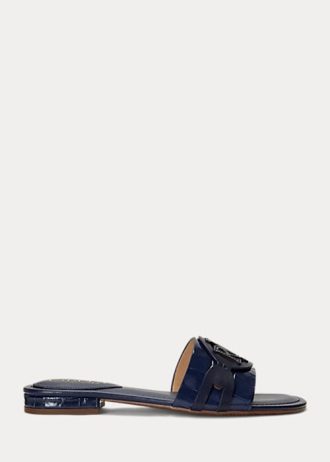 Sapatos baixos Ralph Lauren Alegra de couro com relevo de crocodilo azul-marinho para mulheres