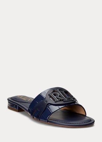 Sapatos baixos Ralph Lauren Alegra de couro com relevo de crocodilo azul-marinho para mulheres