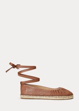 Sapatos baixos Ralph Lauren Cecilia Nappa de couro marrom feminino com cadarço