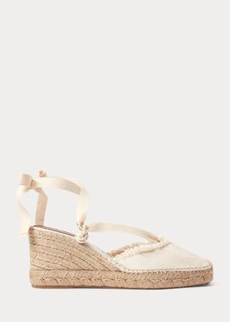 Sapatos baixos Ralph Lauren de lona com franjas e salto baixo femininos
