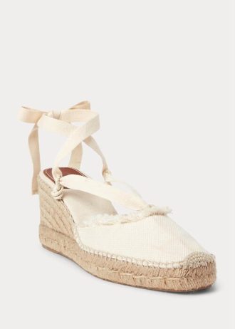 Sapatos baixos Ralph Lauren de lona com franjas e salto baixo femininos