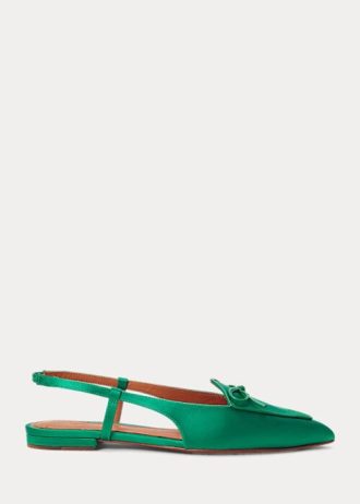 Sapatos baixos Ralph Lauren femininos verdes de cetim com mistura de seda e tiras