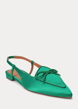 Sapatos baixos Ralph Lauren femininos verdes de cetim com mistura de seda e tiras