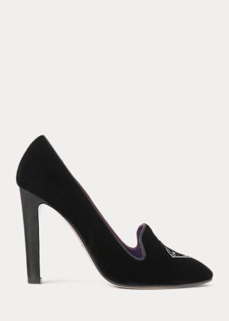 Sapatos de veludo bordados Ralph Lauren Marion para mulheres, pretos