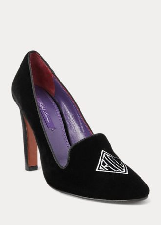 Sapatos de veludo bordados Ralph Lauren Marion para mulheres, pretos