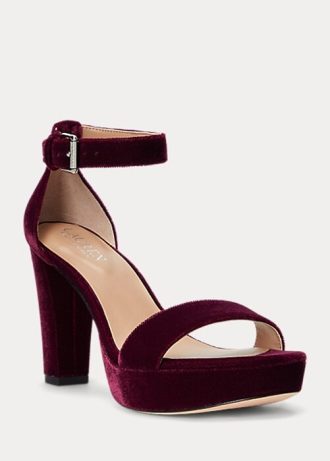 Sapatos de veludo Ralph Lauren Sylvia vermelho escuro femininos