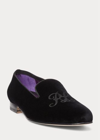Sapatos sociais masculinos pretos Ralph Lauren Alonzo de veludo bordado
