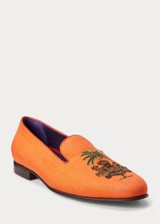 Sapatos sociais masculinos Ralph Lauren Alonzo de linho bordado laranja