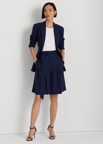 Shorts Ralph Lauren plissados  Georgette de perna larga feminino azul marinho