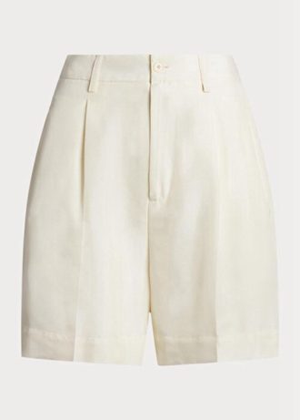 Shorts Ralph Lauren Tracy Shantung de seda plissado feminino branco