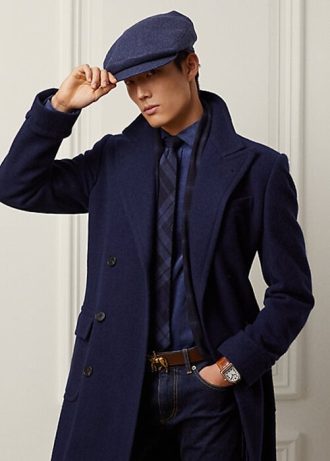 Sobretudo Ralph Lauren masculino azul-marinho escuro, feito à mão, de lã espinha de peixe