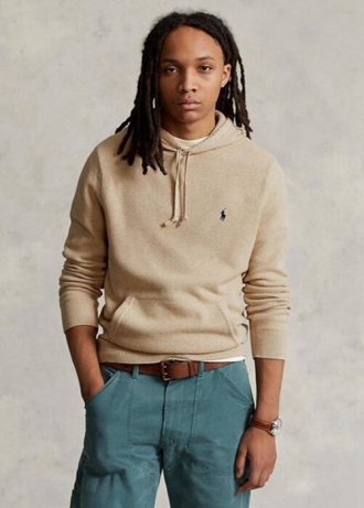Suéter com capuz de algodão texturizado Ralph Lauren masculino bege