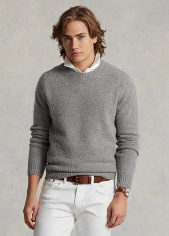 Suéter de lã com gola redonda e patch de camurça Ralph Lauren cinza masculino