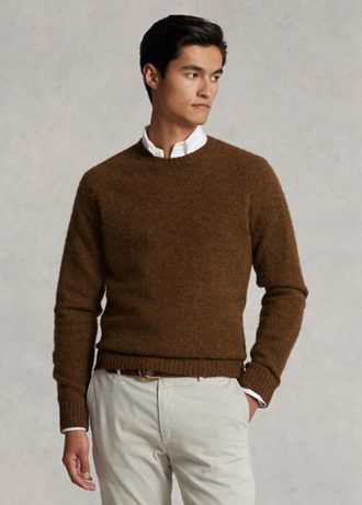 Suéter de lã com gola redonda e patch de camurça Ralph Lauren masculino marrom