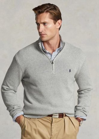 Suéter masculino cinza Ralph Lauren de algodão com zíper de um quarto