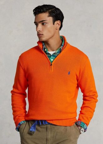 Suéter masculino de algodão Ralph Lauren com zíper de um quarto laranja