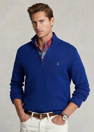 Suéter Ralph Lauren de algodão azul masculino com zíper de um quarto