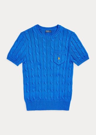 Suéter Ralph Lauren de malha de algodão com manga curta azul feminino
