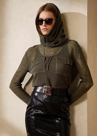 Suéter Ralph Lauren de malha de seda e linho com gola funil feminino Olive
