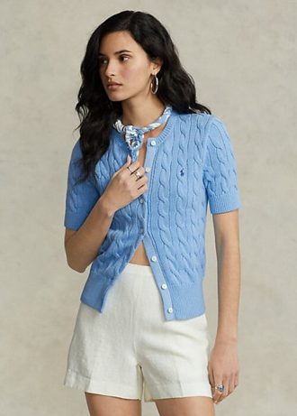 Suéter Ralph Lauren de malha trançada azul feminino com manga curta