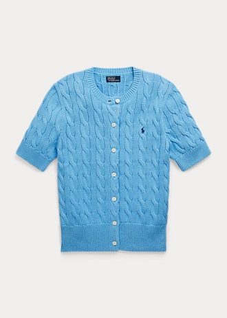 Suéter Ralph Lauren de malha trançada azul feminino com manga curta