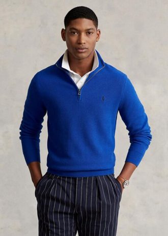 Suéter Ralph Lauren Masculino Azul de Malha de Algodão com Zíper e 1/4 de Zíper